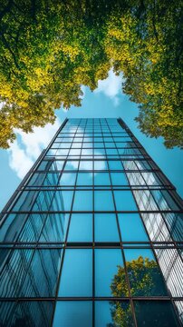 A tall building with many windows and trees in the background