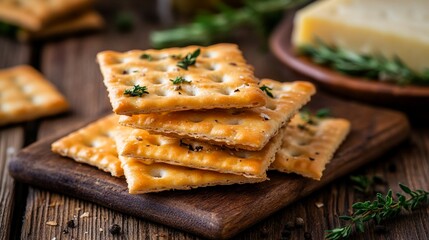 Crackers with cheese and herbs on a wooden table.