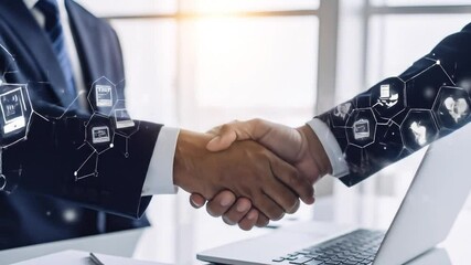 Business handshake with digital transformation and global network connections concept