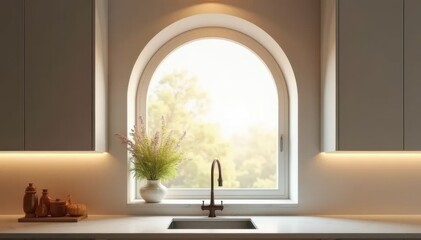 Elegant Kitchen Sink Area with Arch Window and Soft Light