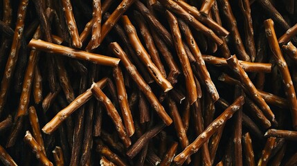 Flat lay of many pretzel sticks forming a crunchy textured background.