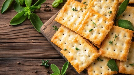 Crackers with cheese and herbs on a wooden table.