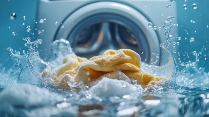 Fototapeta premium Wet towels splashing, washing machine background, laundry cleaning