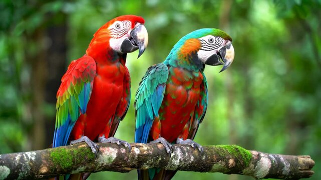 Colorful parrots perched on a branch in a lush rainforest setting