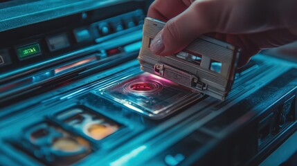 Nostalgic insertion: A hand putting a vintage cassette tape into a player