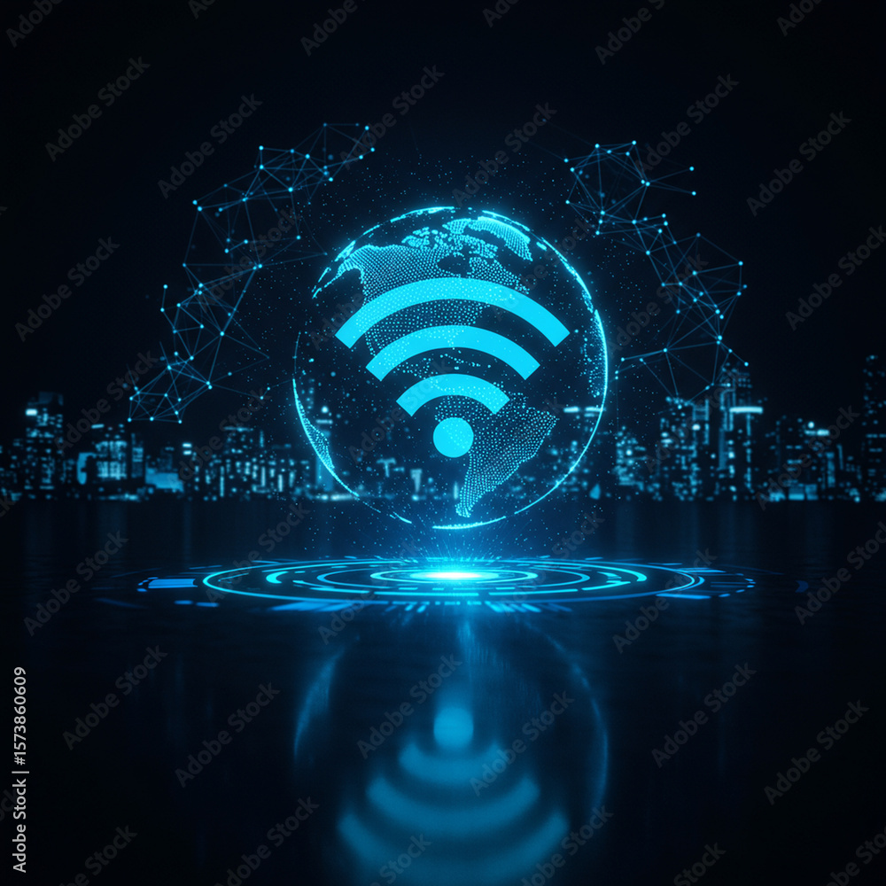 Poster futuristic blue wifi network connection showing global internet communication. an innovative abstrac