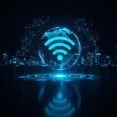 Futuristic blue wifi network connection showing global internet communication. An innovative abstract tech concept with world hologram and city background for future connection