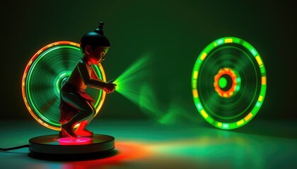 Digital gasing (Indonesian spinning toy) concept art with interactive LED interface, blending tradition and technology