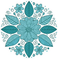 Floral Mandala Ornament with Leaves and Swirls in Teal Shades, a Decorative Flower and Leaf Design