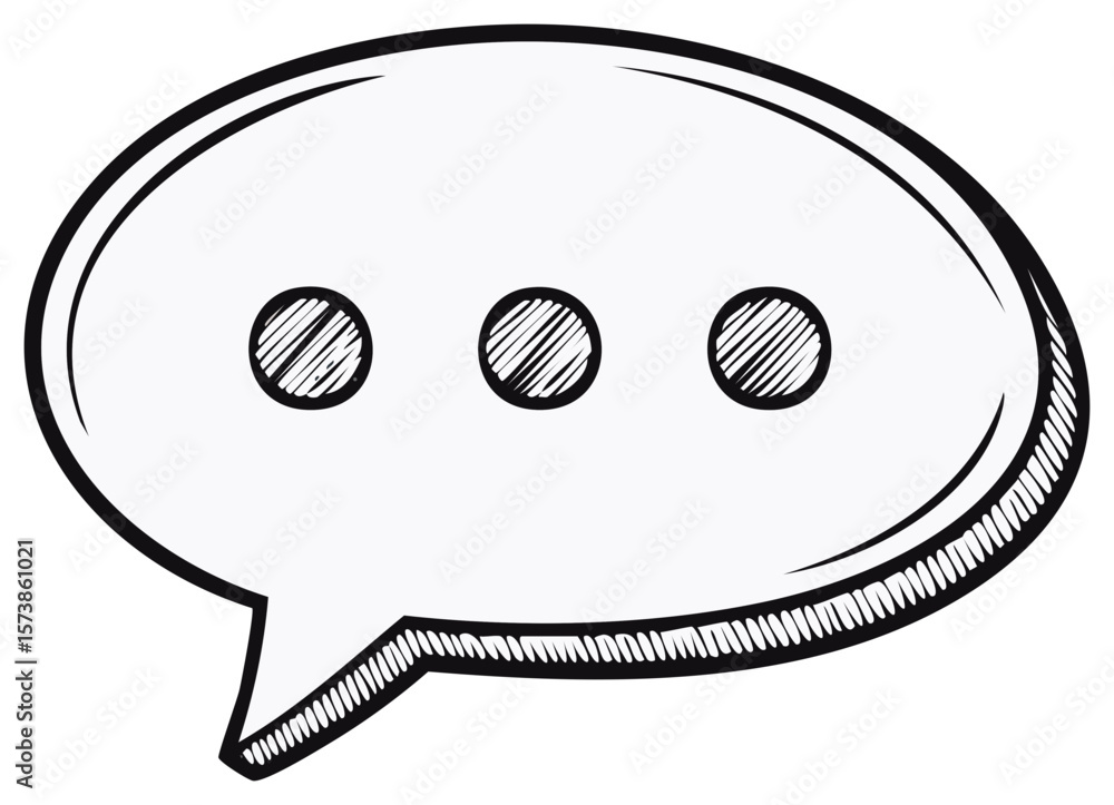 Poster hand drawn speech bubble with three dots. communication icon. chat cloud sketch with ellipsis. waiti