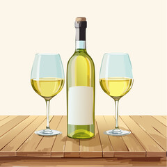 Bottle of chilled white wine and two glasses placed on wooden table