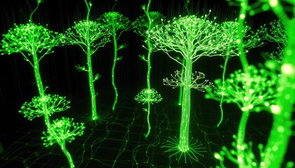 Digital forest made of data and code, trees with glowing fiber optic branches, metaphor for green technology and digital sustainability