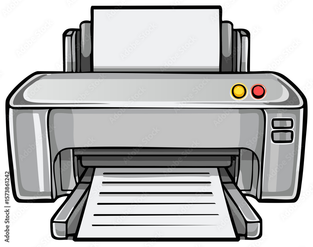Poster printer illustration with blank pages in tray and output paper document on the receiving tray