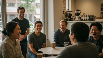 Multicultural group of people laughing together in a coffee shop, real candid moment, urban setting.