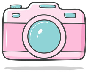 Pink Camera Cartoon Illustration. Turquoise Lens Photography Icon. Art Print Design