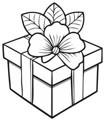 Gift Box Outline with Bow and Leaves Festive Celebration Present Decoration