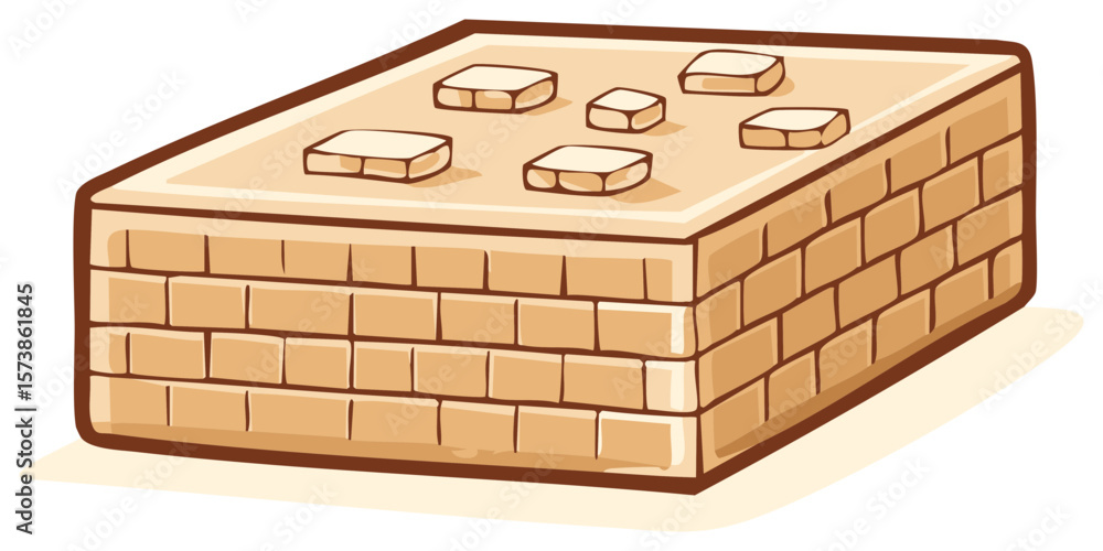 Poster stylized illustration of a stacked, rectangular brick structure with small cubes placed on top resem