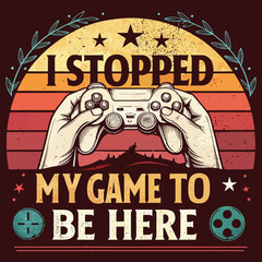 Hands holding a game controller with a retro sunset background