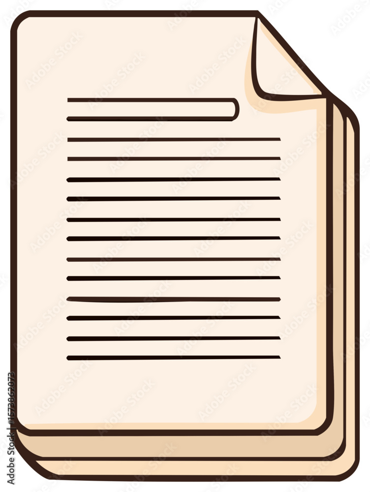 Poster stack of paper document pages with text lines and folded corner illustration