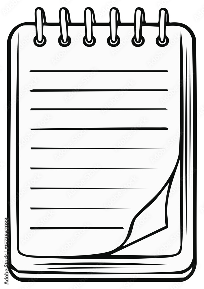 Poster notepad with blank lines and spiral binding, page curl in the corner, ready for writing