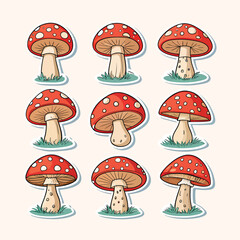 A set of cartoon mushrooms with red caps and white spots