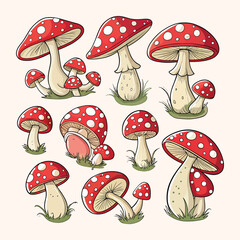 A group of cartoon mushrooms with red and white spotted caps