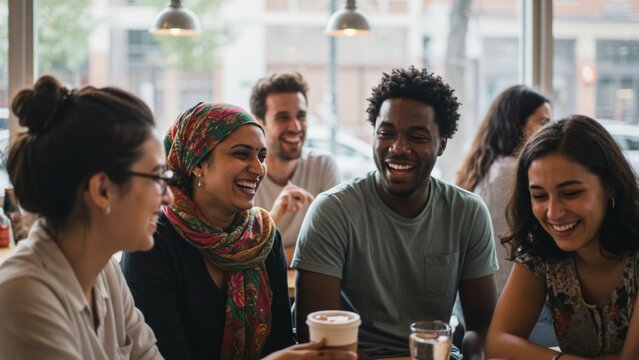 Multicultural group of people laughing together in a coffee shop, real candid moment, urban setting.