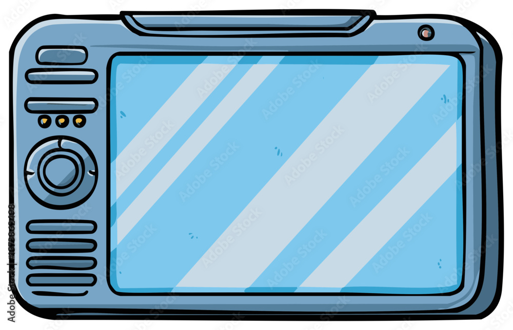 Poster hand drawn cartoon tablet style computer screen with controls and shiny surface