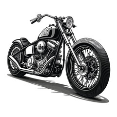 A vintage black and white chopper motorcycle isolated on white background