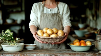 Woman's hands holding a basket of freshly harvested potatoes.