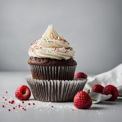 Decorated cupcakes with colorful icing and sprinkles
