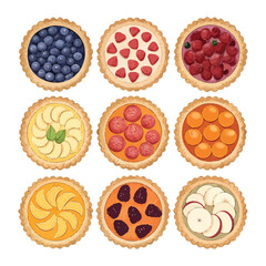 A collection of fruit tarts isolated on white background for dessert