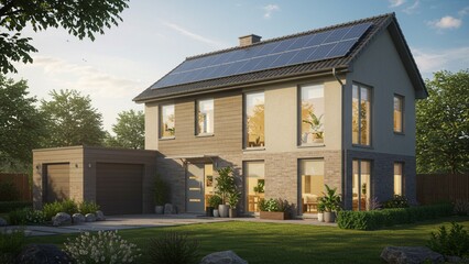 Modern home with indoor plants, solar panel visible outside the window, cozy and environmentally friendly lifestyle.