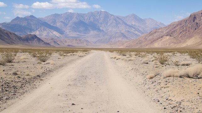 A desolate, sandy dirt road stretches towards a majestic mountain range under a clear sky.  Sparse desert vegetation lines the path