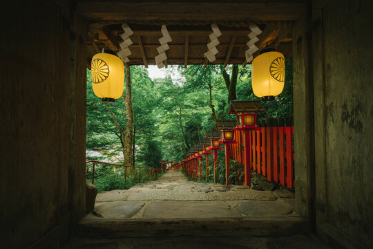 Traditional lanterns at Kifune Shrine in summer evening in Kyoto, Japan