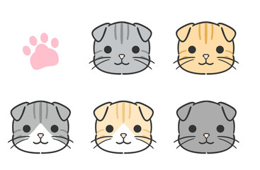 猫の顔バリエーションイラストセット　スコティッシュフォールド