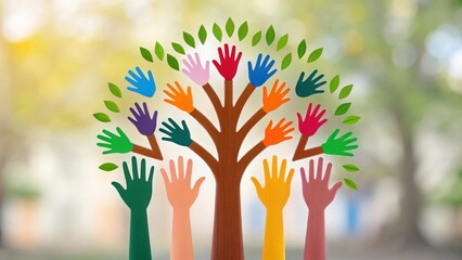 Blurred illustration of colorful hands reaching toward symbolic tree representing unity and giving
