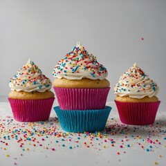 Decorated cupcakes with colorful icing and sprinkles
