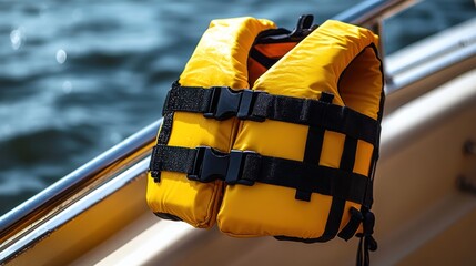 Yellow life vest hanging on a boat railing near water.