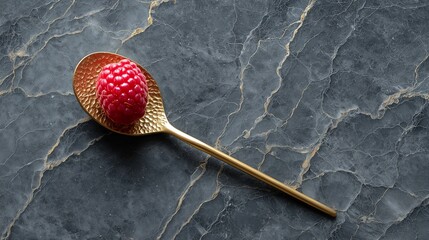 Tiny Gold Spoon with Raspberry on Dark Marble Background