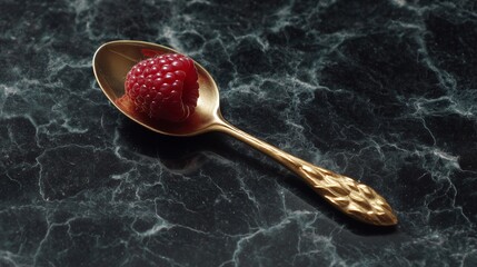 Elegant Tiny Gold Spoon with Raspberry on Dark Marble Background
