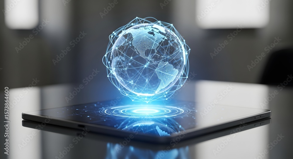 Poster digital earth globe with glowing network connection hovering above tablet on dark surface representi