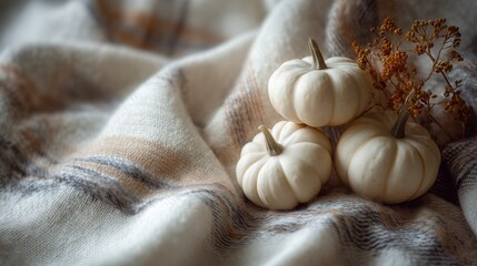 Cozy Autumn Accents: Tiny Pumpkins on a Soft Plaid Scarf