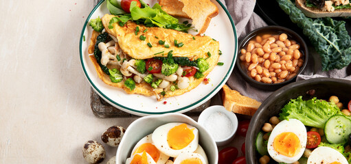 Breakfast food concept. Various ways of cooking chicken eggs.
