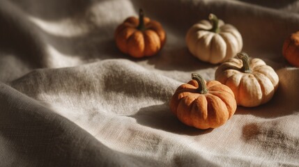 Charming Tiny Pumpkins Scattered on Linen Cloth for Autumn Decor