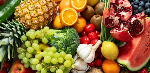 Fresh organic raw vegetables and fruits.