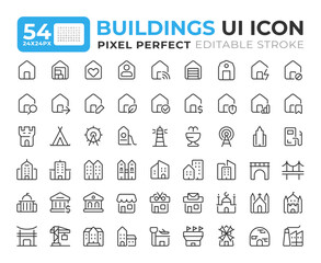 Buildings line ui icons set. House utilities. City townhouse. Condominium, apartments. Commerce, business. Isolated vector outline symbols iconography. User interface elements linear, pixel perfect
