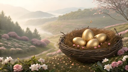 Happy Retirement, Golden Eggs Nest with Easter, Wealth, and Luxury.