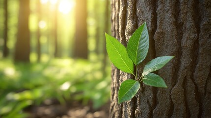 Young plant sprout growing on tree trunk in forest with sun shining.