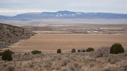 Obraz premium Expansive arid landscape, showing cultivated fields, scrub brush, and distant mountains under a cloudy sky